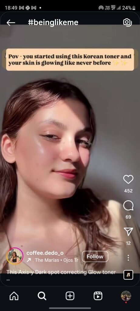 Coffee.Dedo_O showing before-and-after results using a Korean toner for a hydrated, radiant look.