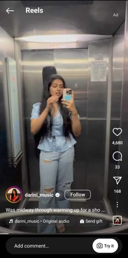 “Darini fixing her frizz before a show with Love Beauty and Planet serum — a real say bye to frizz moment.”