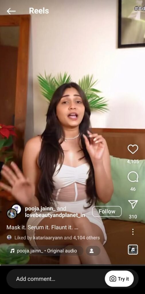 “Pooja flaunting smooth, frizz-free hair after using the 2-minute frizz fix by Love Beauty and Planet.”