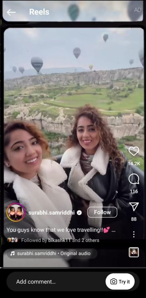 “Traveling twins Surabhi & Samriddhi showing how they keep frizz away on the go — say bye to frizz anywhere.”