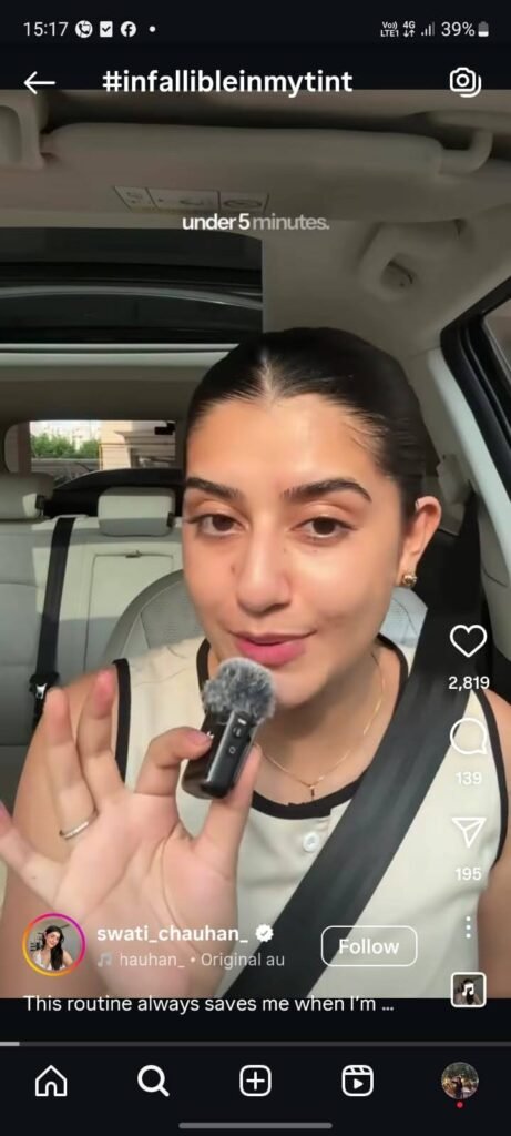 Swati Chauhan applies L’Oréal Skin Tint inside her car, highlighting its natural finish and quick blend formula for on-the-go makeup.
