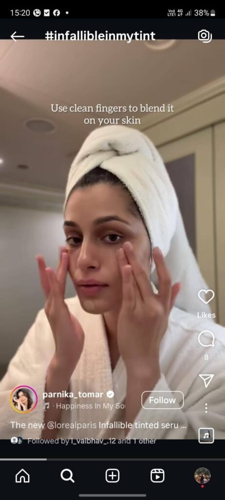 Parnika Tomar’s towel-wrapped, soft-lit skincare-makeup routine using L’Oréal Skin Tint for easy post-shower glow.