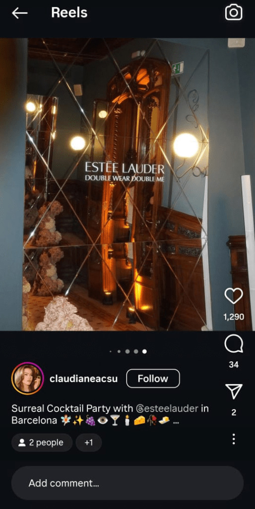 Stylish woman at a glamorous cocktail event in Barcelona hosted by Estée Lauder